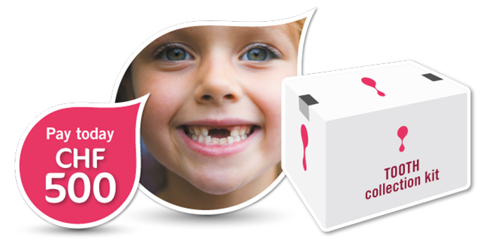 Child with missing milk tooth and tooth collection kit